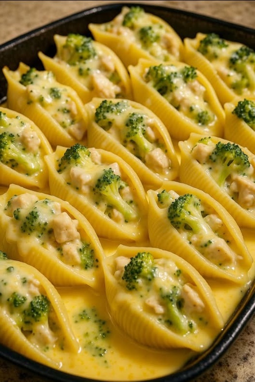 Baked pasta shells stuffed with cheesy chicken and broccoli filling, topped with melted cheese and creamy sauce.