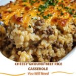 close-up of a cheesy ground beef rice casserole baked in a dish, with golden melted cheese on top and a savory beef and rice filling underneath.