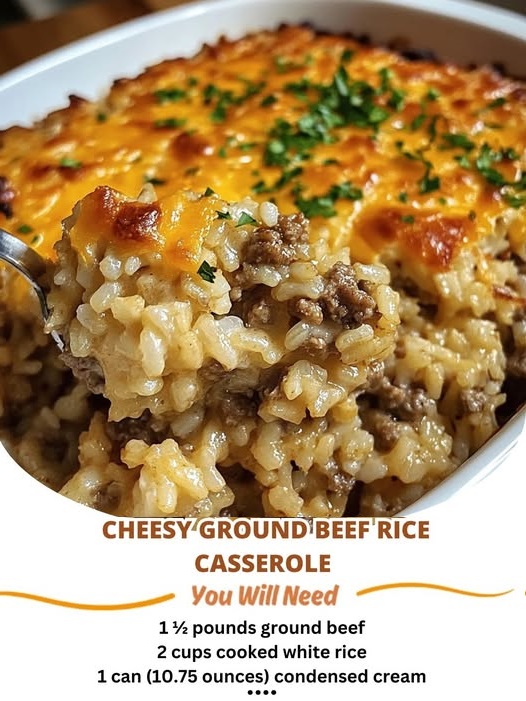close-up of a cheesy ground beef rice casserole baked in a dish, with golden melted cheese on top and a savory beef and rice filling underneath.