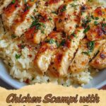 Garlic Butter Chicken Scampi served with creamy Parmesan rice, garnished with fresh parsley.