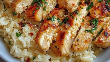 Garlic Butter Chicken Scampi served with creamy Parmesan rice, garnished with fresh parsley.