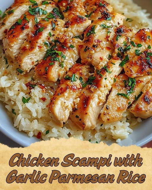 Garlic Butter Chicken Scampi served with creamy Parmesan rice, garnished with fresh parsley.