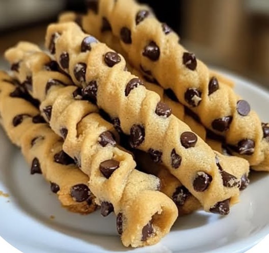 Golden, twisted pastry filled with chocolate chip cookie dough and dusted with powdered sugar.