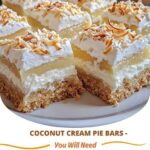 Delicious coconut cream pie bars with a creamy coconut filling, topped with toasted coconut flakes and a buttery crust.