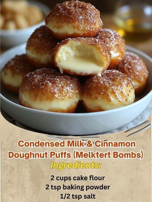 Golden, fluffy doughnut puffs filled with condensed milk, dusted with cinnamon sugar, and perfectly crispy on the outside.