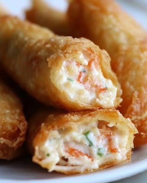 Golden, crispy egg rolls stuffed with a creamy crab filling, served with a dipping sauce on the side.
