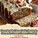 A moist slice of banana bread topped with thick cream cheese frosting and garnished with toasted coconut and pineapple pieces.