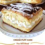 A slice of cream puff cake with a light, fluffy texture, topped with creamy filling and a drizzle of chocolate.