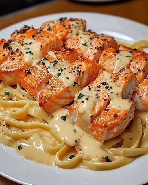 Creamy garlic butter salmon pasta with flaked salmon, linguine, and fresh herbs, served in a white bowl.