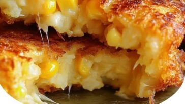 Golden-brown cheddar corn potato fritters stacked on a plate, with melted cheese visible and crispy edges.