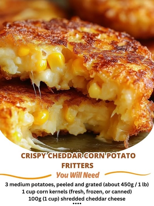 Golden-brown cheddar corn potato fritters stacked on a plate, with melted cheese visible and crispy edges.