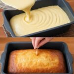 moist and golden slice of vanilla pound cake, topped with a light dusting of powdered sugar, served on a white plate.