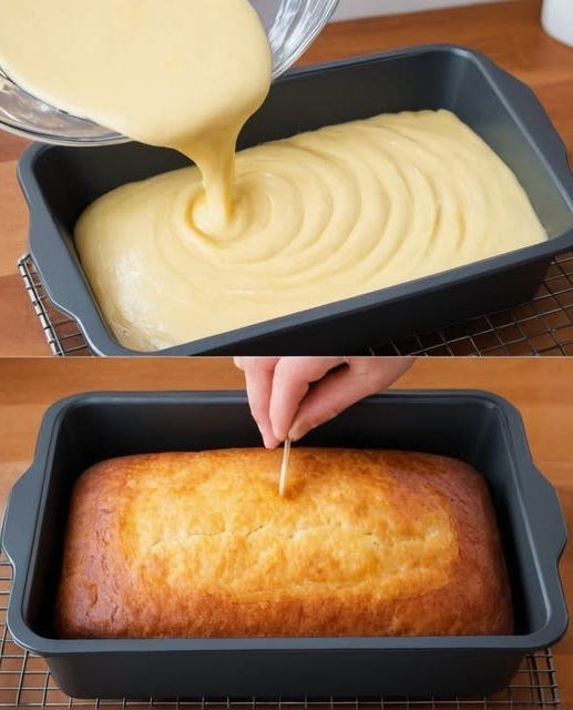 moist and golden slice of vanilla pound cake, topped with a light dusting of powdered sugar, served on a white plate.