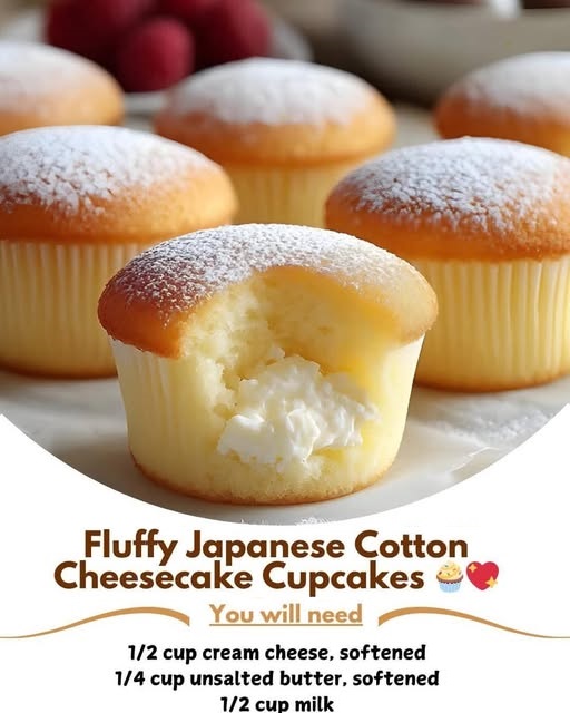 Mini Japanese cotton cheesecake cupcakes with golden tops, dusted lightly with powdered sugar.