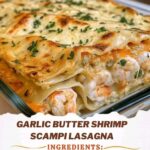 delicious serving of garlic butter shrimp scampi lasagna, featuring layers of lasagna noodles, succulent shrimp, creamy garlic butter sauce, and a sprinkle of parmesan cheese.