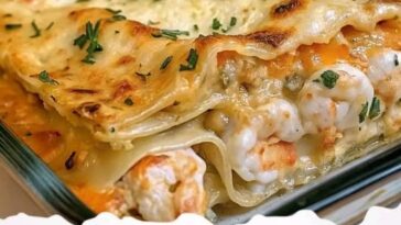 delicious serving of garlic butter shrimp scampi lasagna, featuring layers of lasagna noodles, succulent shrimp, creamy garlic butter sauce, and a sprinkle of parmesan cheese.