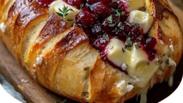 Garlic herb sourdough bread loaf sliced in a crosshatch pattern, stuffed with melted brie cheese and cranberry sauce, garnished with fresh herbs.