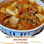 A bowl of hearty cabbage soup with ground beef, vegetables, and a tomato-based broth.