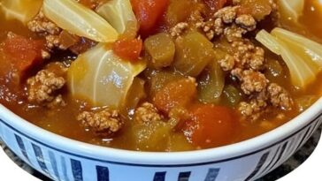 A bowl of hearty cabbage soup with ground beef, vegetables, and a tomato-based broth.