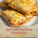 Golden-brown homemade pizza pockets filled with melted cheese and marinara, with one pocket split open showing the gooey center.