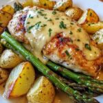 A plate of honey mustard chicken served with roasted asparagus, topped with melted cheese, and garnished with fresh herbs.