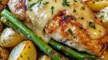 A plate of honey mustard chicken served with roasted asparagus, topped with melted cheese, and garnished with fresh herbs.
