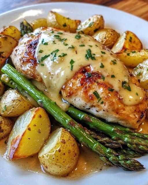 A plate of honey mustard chicken served with roasted asparagus, topped with melted cheese, and garnished with fresh herbs.