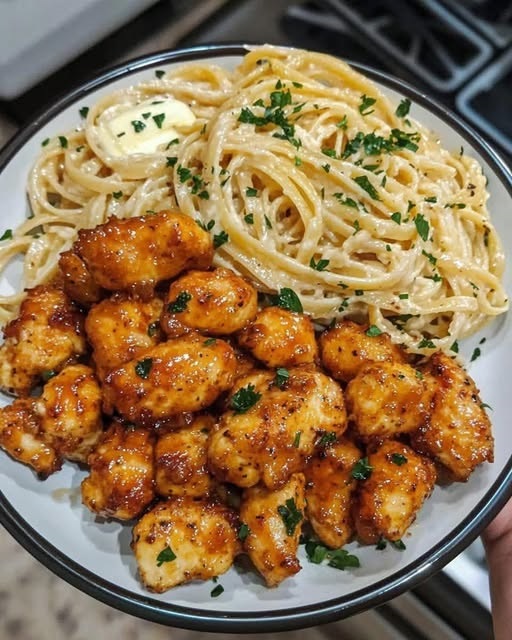Tender honey pepper chicken served alongside creamy garlic butter pasta, garnished with fresh herbs and a drizzle of sauce.