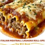 Italian meatball lasagna roll-ups on a white plate, covered in marinara sauce and melted cheese, garnished with fresh basil.