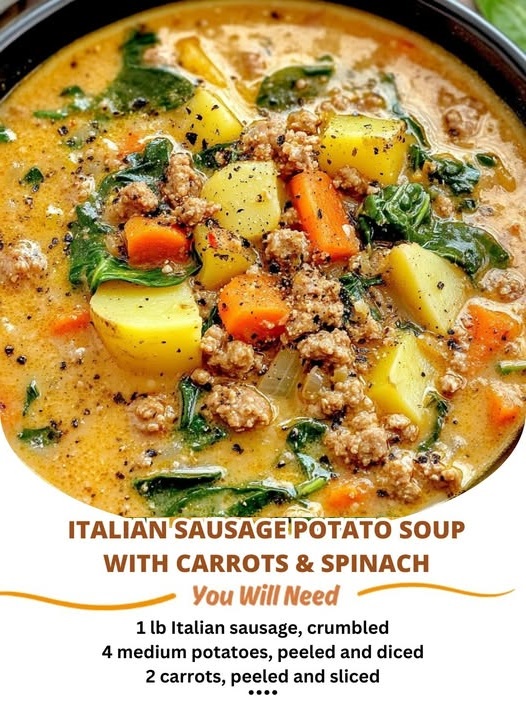 Delicious Italian sausage potato soup with carrots, spinach, and a rich, flavorful broth. Hearty and nutritious comfort food for any season.