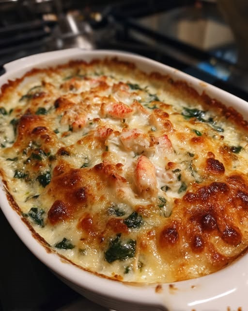 Hot, cheesy crab, shrimp, and spinach dip served bubbling in a skillet with tortilla chips on the side.