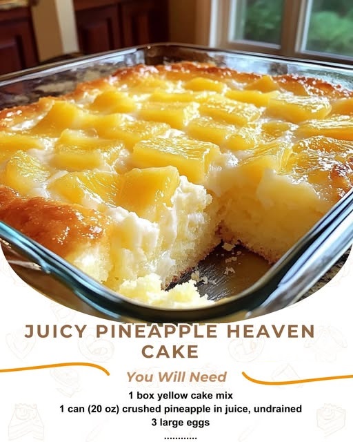 A light and fluffy pineapple cake topped with whipped cream and crushed pineapple.