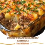 A hearty slice of loaded potato and meatloaf casserole topped with melted cheese, crispy bacon bits, and chopped green onions.