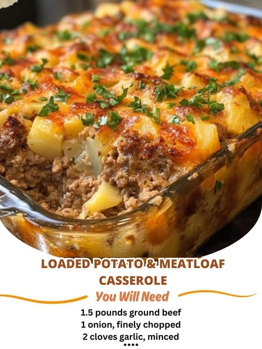 A hearty slice of loaded potato and meatloaf casserole topped with melted cheese, crispy bacon bits, and chopped green onions.