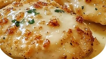 Juicy grilled chicken breast topped with a golden, cheesy parmesan crust, garnished with fresh herbs and served with a side of vegetables.