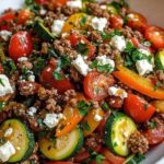 colorful Mediterranean ground beef stir fry, featuring seasoned ground beef, vibrant vegetables, and fresh herbs, served in a bowl with a side of pita bread.