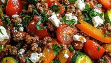 colorful Mediterranean ground beef stir fry, featuring seasoned ground beef, vibrant vegetables, and fresh herbs, served in a bowl with a side of pita bread.