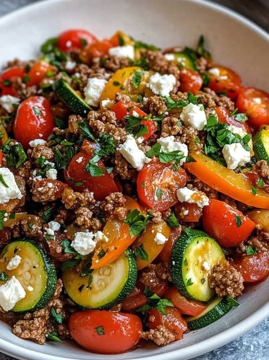 colorful Mediterranean ground beef stir fry, featuring seasoned ground beef, vibrant vegetables, and fresh herbs, served in a bowl with a side of pita bread.