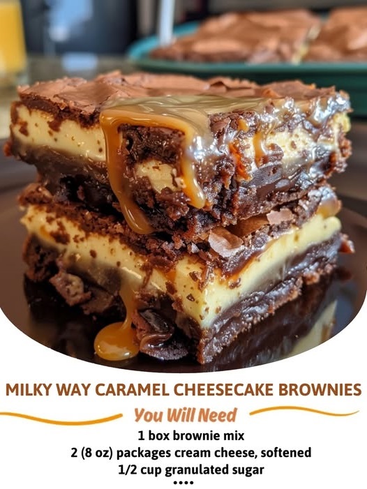 Rich brownies topped with gooey caramel and chunks of Milky Way candy bars, served on a white plate.