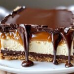 No-bake Twix cheesecake with a thick caramel layer, chocolate ganache, and crumbled Twix bars on top, served on a decorative dessert plate.