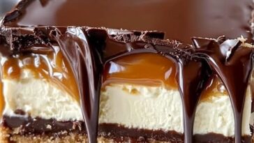 No-bake Twix cheesecake with a thick caramel layer, chocolate ganache, and crumbled Twix bars on top, served on a decorative dessert plate.