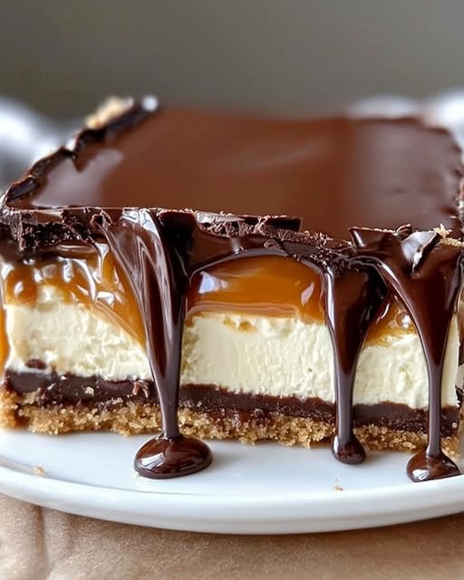 No-bake Twix cheesecake with a thick caramel layer, chocolate ganache, and crumbled Twix bars on top, served on a decorative dessert plate.