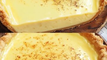 A golden-brown old-fashioned custard pie with a flaky crust, sliced to reveal a smooth, creamy filling.