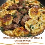 sizzling skillet filled with tender steak pieces and cheese ravioli in a rich garlic butter sauce, garnished with fresh herbs.
