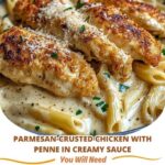 Crispy, golden-brown parmesan-crusted chicken served atop a plate of penne pasta in a rich, creamy sauce.