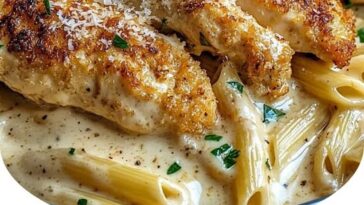 Crispy, golden-brown parmesan-crusted chicken served atop a plate of penne pasta in a rich, creamy sauce.