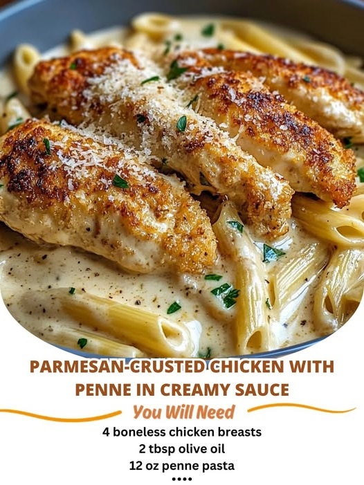 Crispy, golden-brown parmesan-crusted chicken served atop a plate of penne pasta in a rich, creamy sauce.