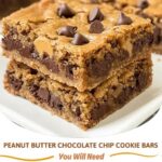 A close-up of chewy peanut butter chocolate chip cookie bars, with chocolate chips and a golden-brown crust, sliced into squares.