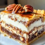 Layers of creamy filling, chopped pecans, and caramelized pecan pie topping stacked in a lasagna-style dessert.