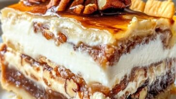 Layers of creamy filling, chopped pecans, and caramelized pecan pie topping stacked in a lasagna-style dessert.